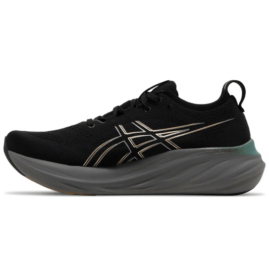 Side profile of Asics Gel-Nimbus 26 Platinum Black Champagne sneakers Dubai UAE