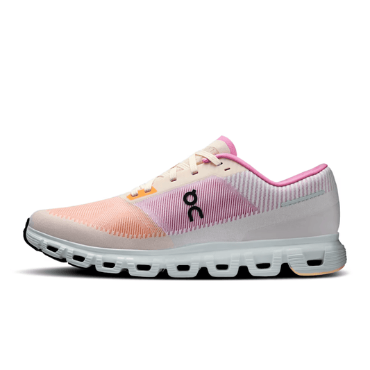 Pink and white running shoe with a visible brand logo on a white background