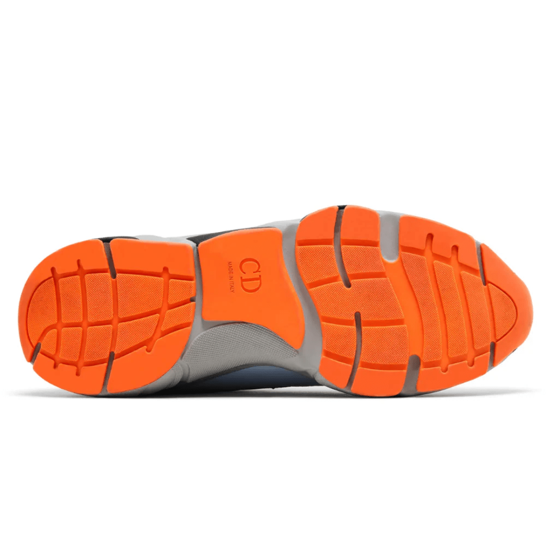 Close-up of Dior B22 Light Blue Orange sneaker detailing UAE