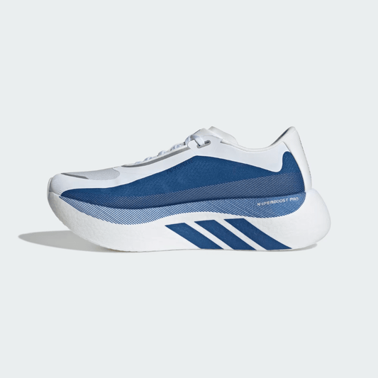Front view of adidas Hyperboost Edge Cloud White and blue shoes