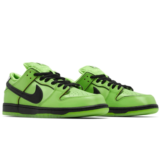 Close-up of Nike SB Dunk Low Buttercup colorway green and black.