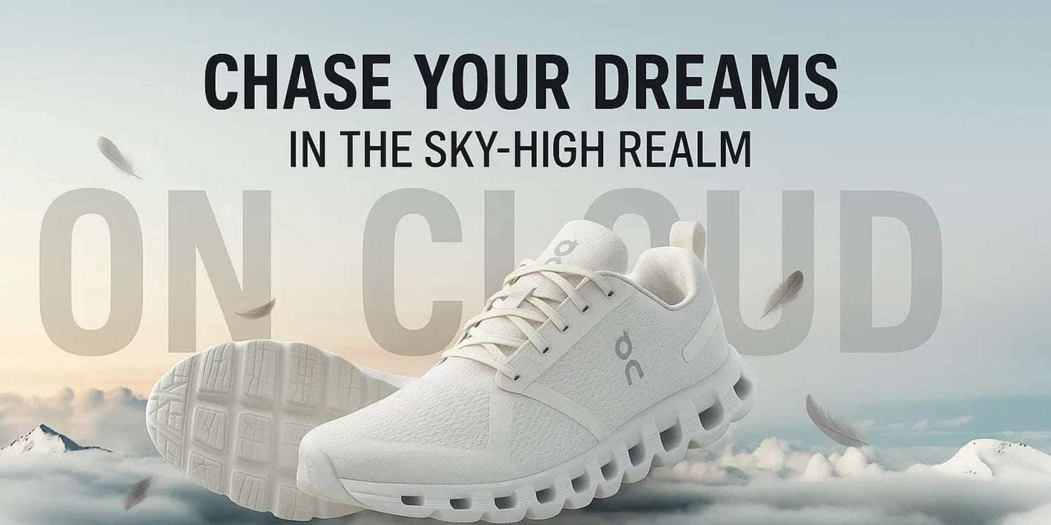 White sneakers with 'On Cloud' branding and promotional text against a mountainous background.
