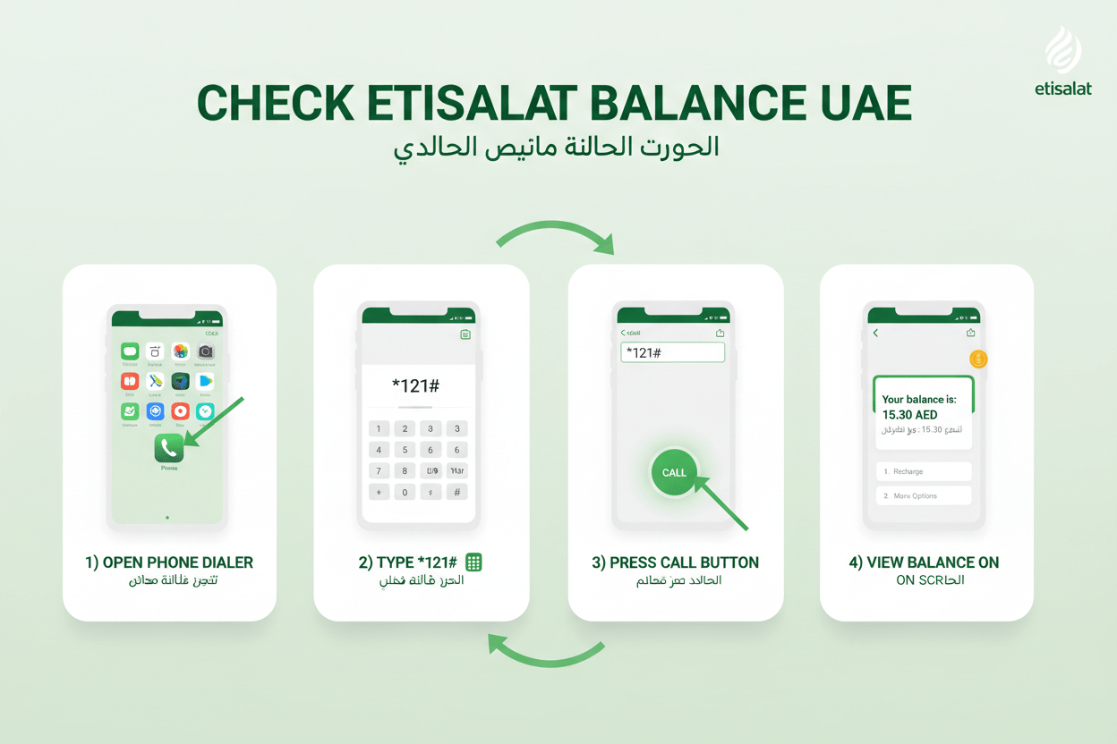 how to check Etisalat balance using code *121# UAE