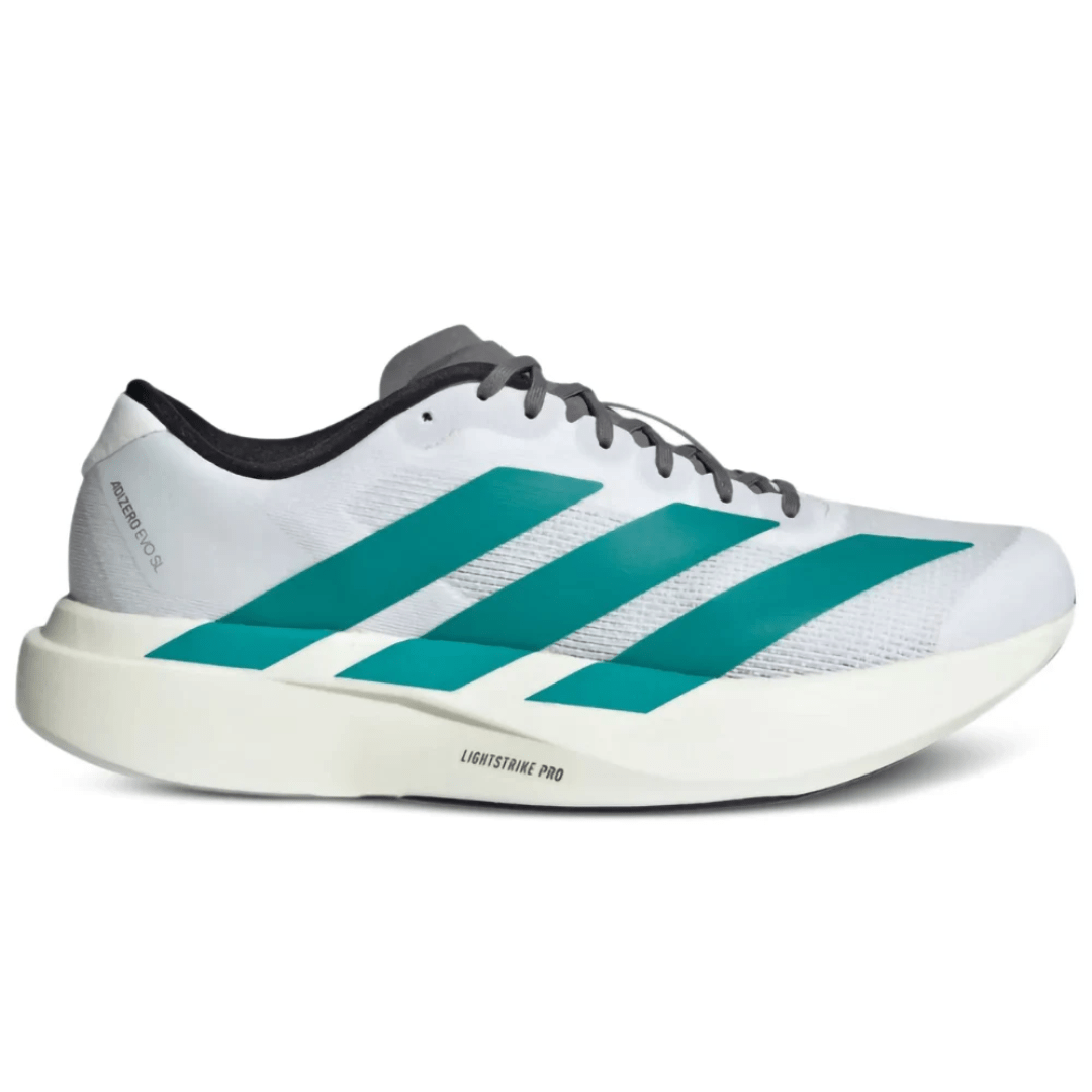 Side view of Adidas AdiZero EVO SL Cloud White Pure Teal sneaker
