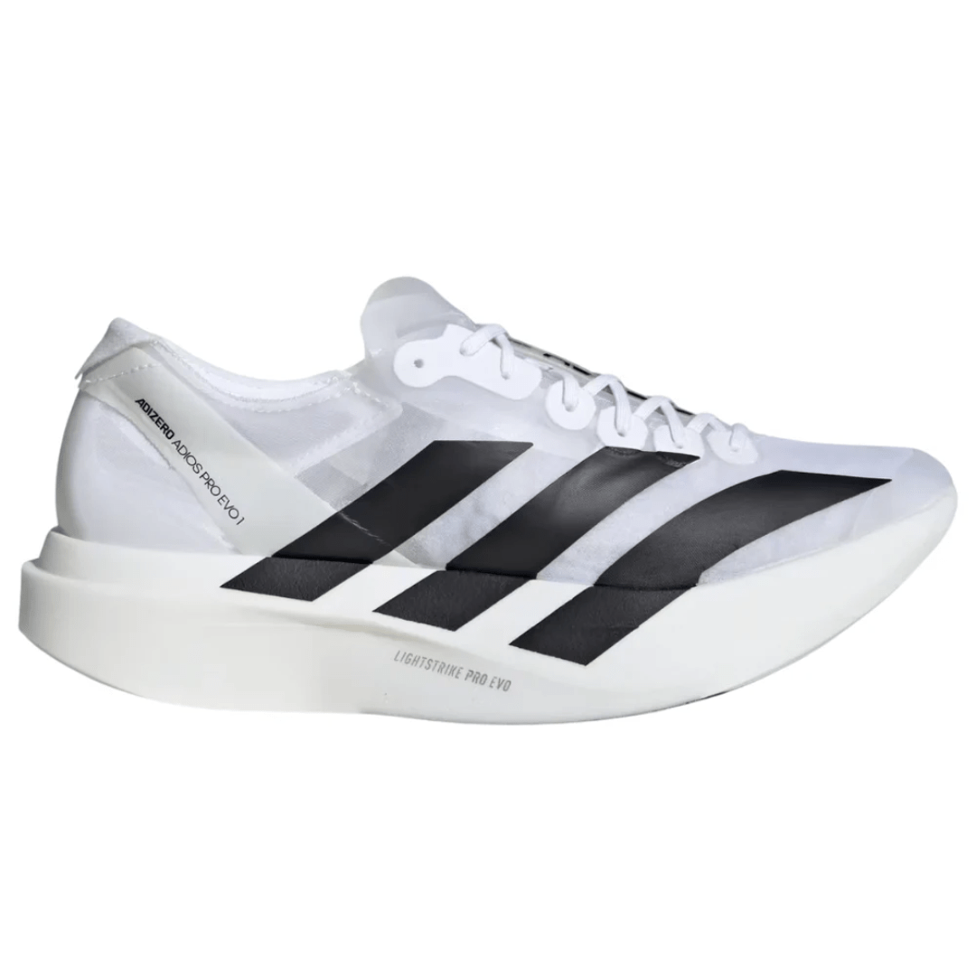 Side profile of Adidas Adizero Adios Pro Evo 1 White performance running shoe in Dubai UAE