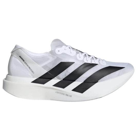 Side profile of Adidas Adizero Adios Pro Evo 1 White performance running shoe in Dubai UAE