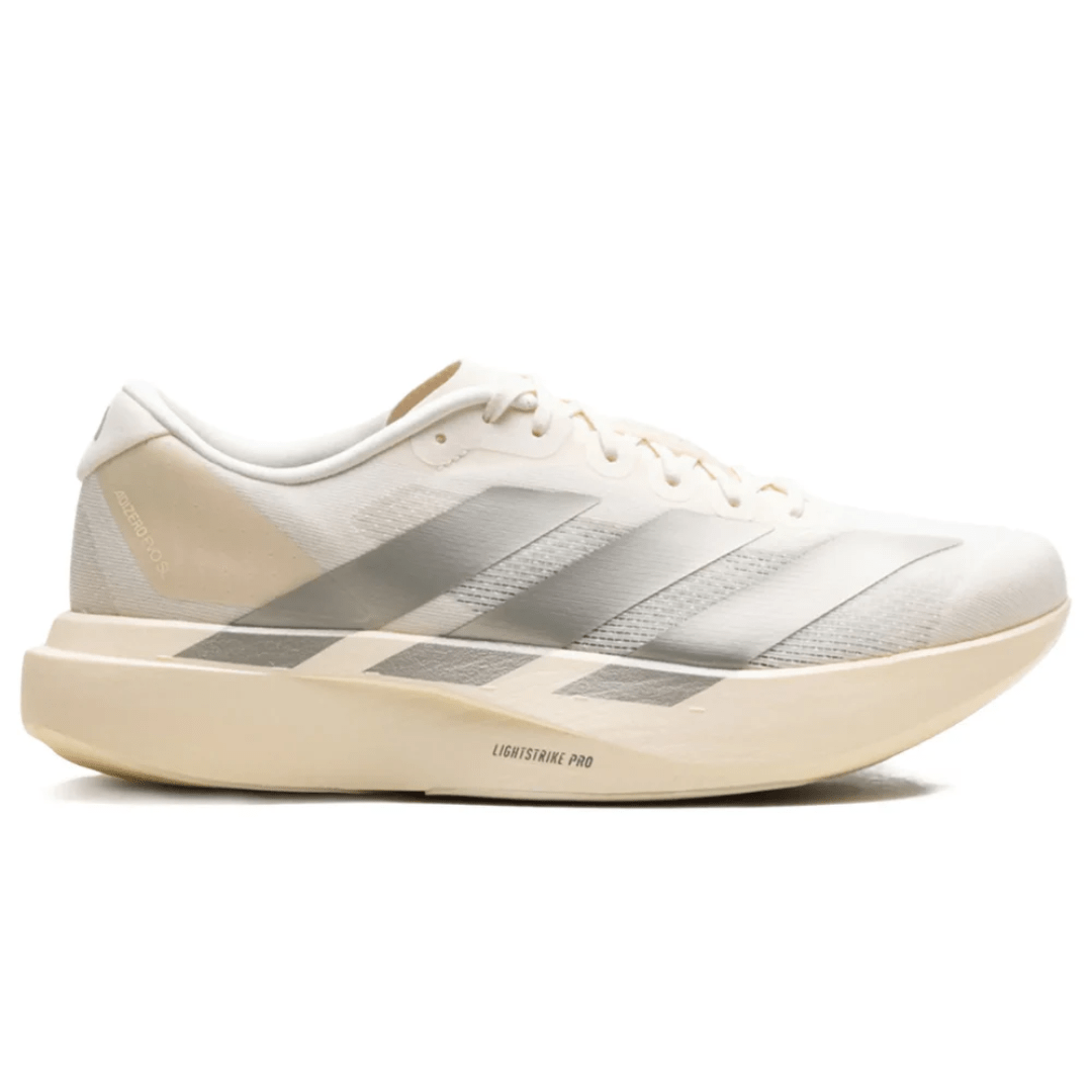 Side profile of Adidas Adizero Evo SL Wonder White lightweight running shoe in Dubai UAE