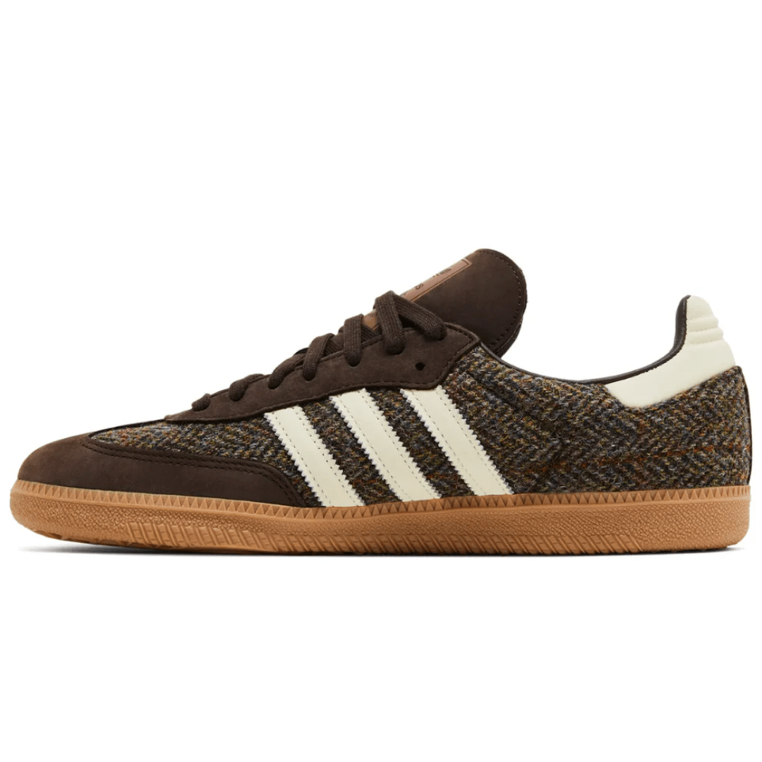 Lifestyle shot of Adidas Samba OG Tweed Pack Dark Brown worn in Dubai
