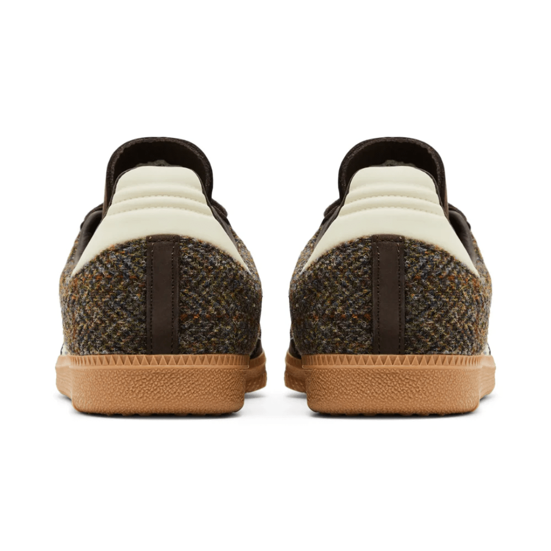 Close-up view showing tweed material on Adidas Samba OG Tweed Pack