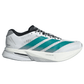 Adidas Adizero Boston 13 White Pure Teal White running shoe with green stripes on a white background