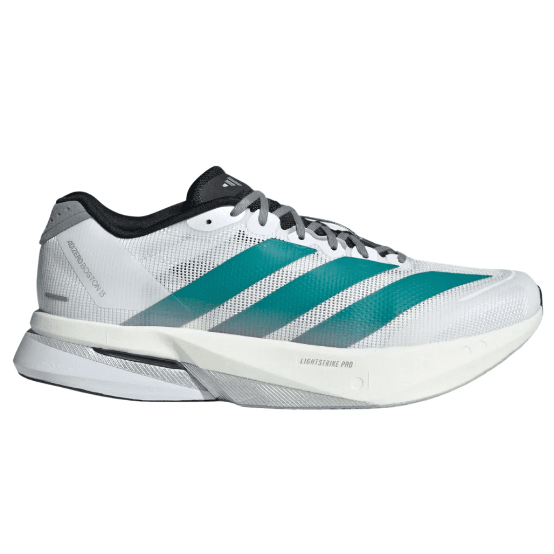 Adidas Adizero Boston 13 White Pure Teal White running shoe with green stripes on a white background