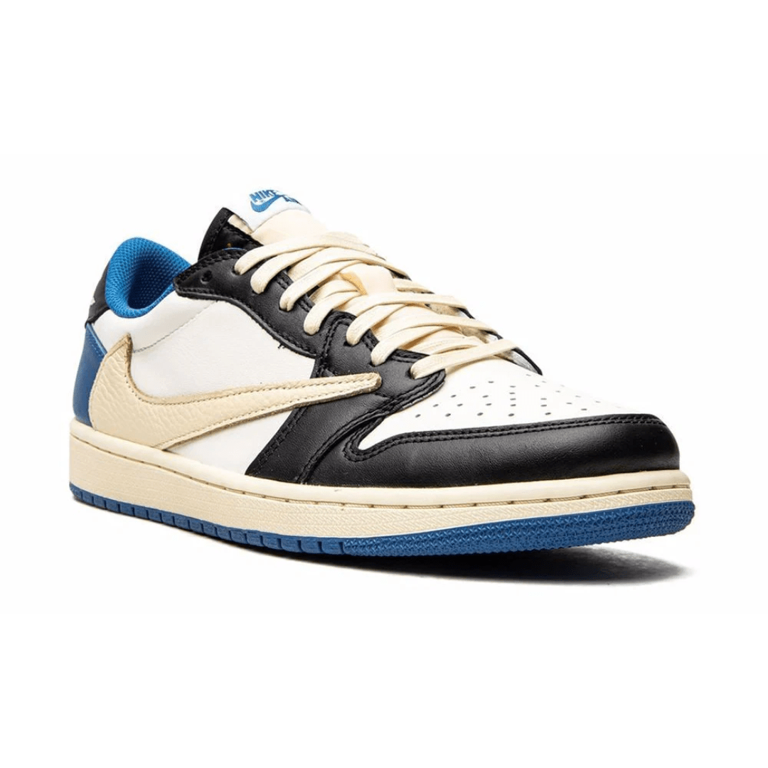 Side view of Travis Scott Air Jordan 1 Low OG SP in brown and white tones.