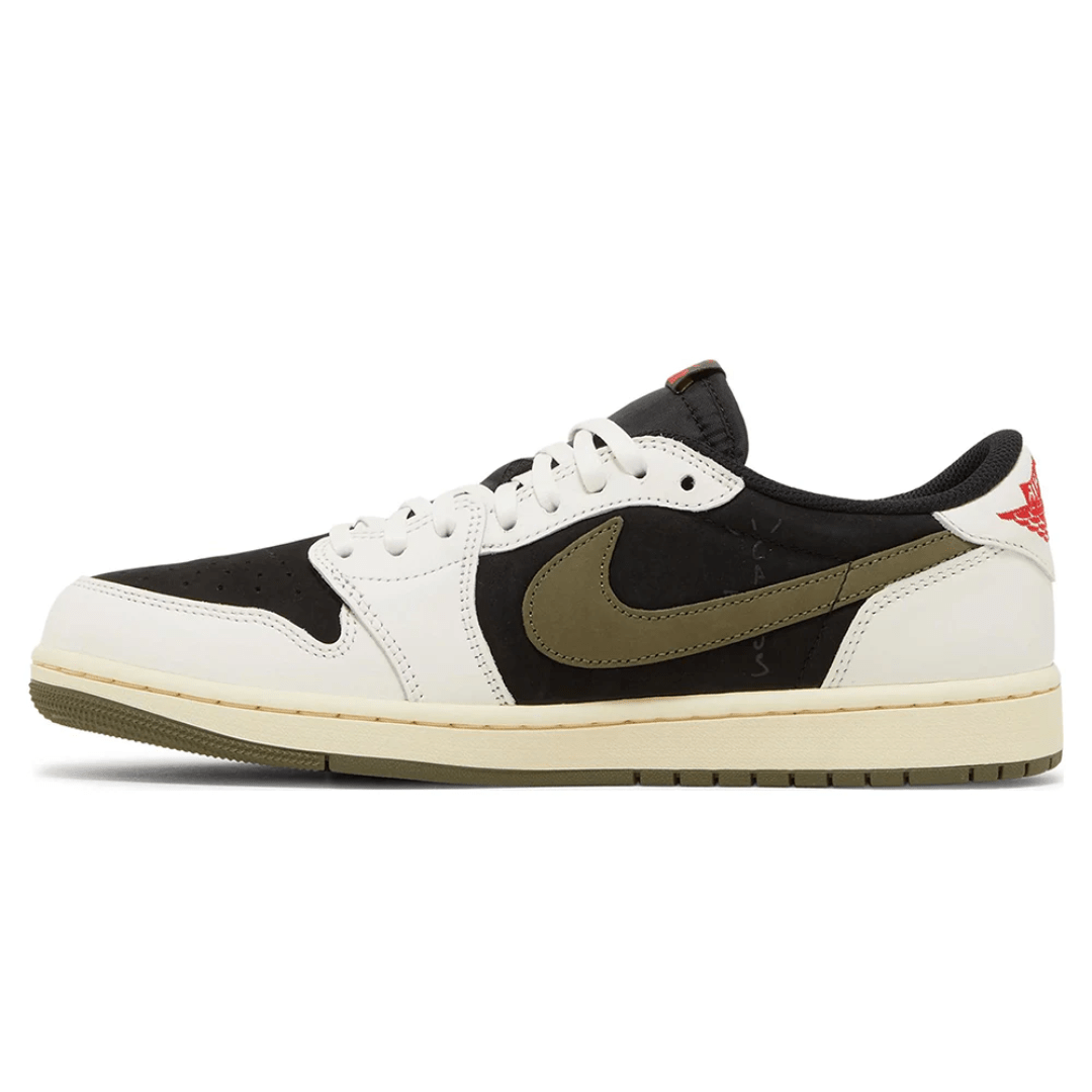 Signature reverse Nike Swoosh detail on Air Jordan 1 Low Olive