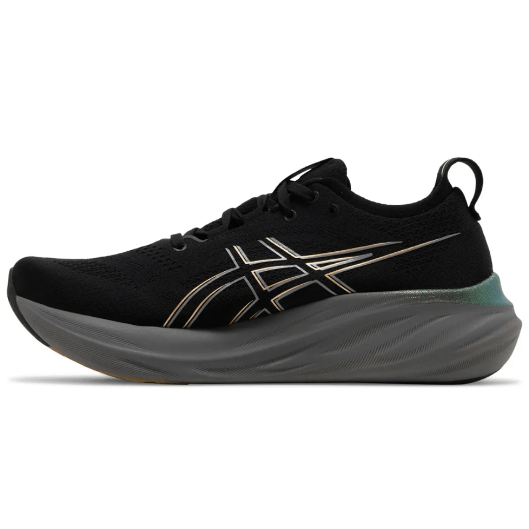 Side profile of Asics Gel-Nimbus 26 Platinum Black Champagne sneakers Dubai UAE