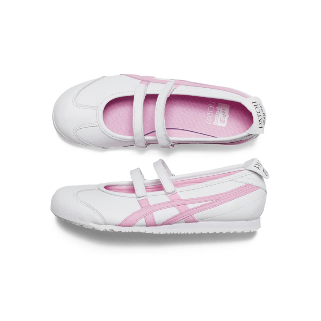 Close-up of white and pink tones on Asics Mexico 66 Ballerina sneakers