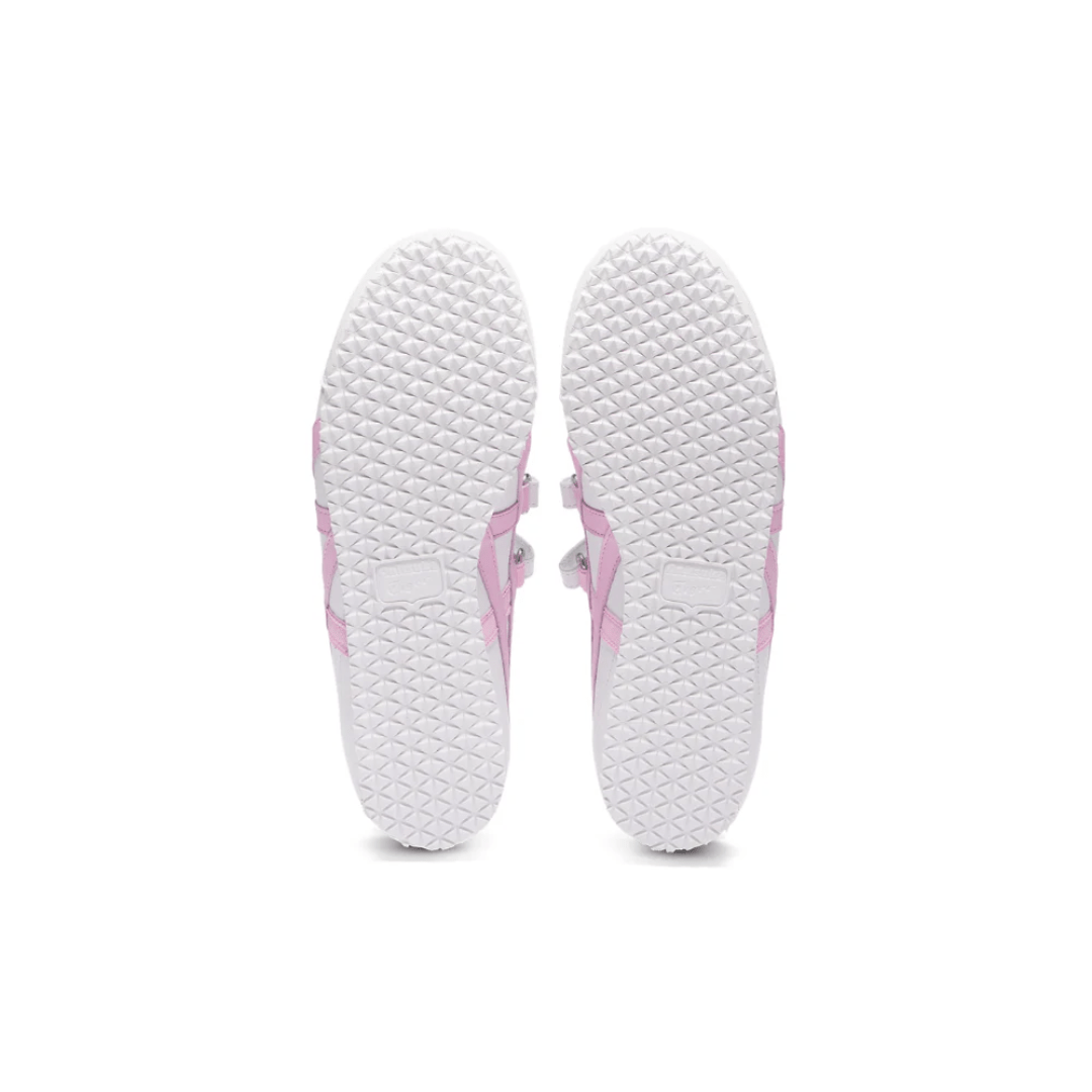 Flat lay of Asics Mexico 66 Ballerina White Cotton Candy sneakers on neutral background