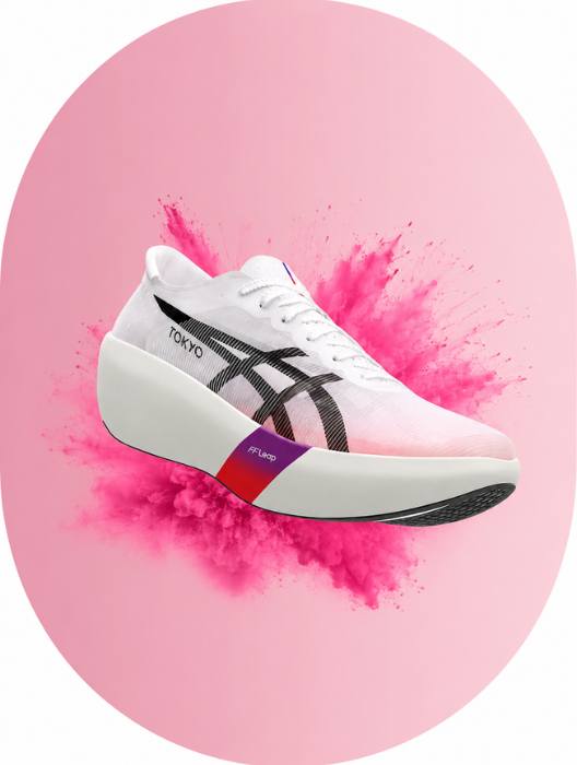 White running shoe with black and red accents on a pink background