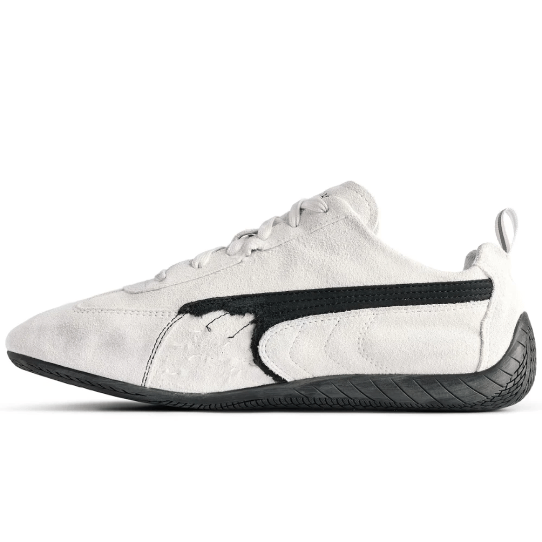 Close-up suede texture of Balenciaga Puma Speedcat White Black UAE