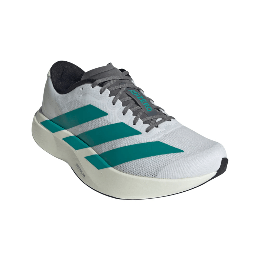 Adidas AdiZero EVO SL Cloud White Pure Teal worn on foot in Dubai