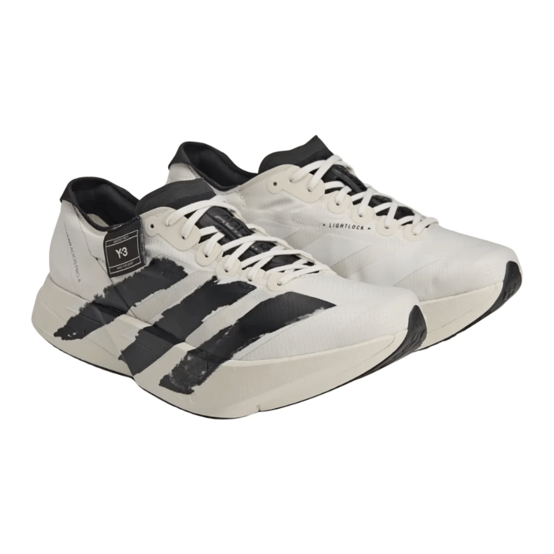 Running view of adidas Y-3 Adizero Adios Pro 4 in Beige Orbit Grey