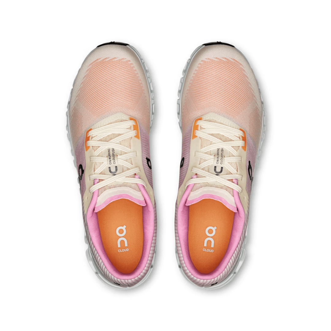 Pair of pink and white running shoes with 'on' branding on a white background