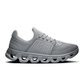 Gray running shoe with unique sole design on a white background