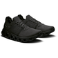 Black running shoes with a visible brand logo on a white background