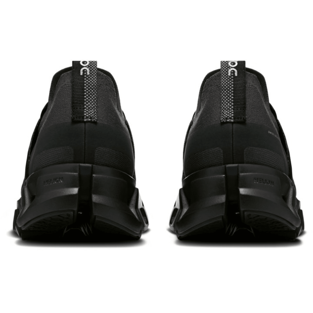 Black slip-on shoes with brand logo on a white background