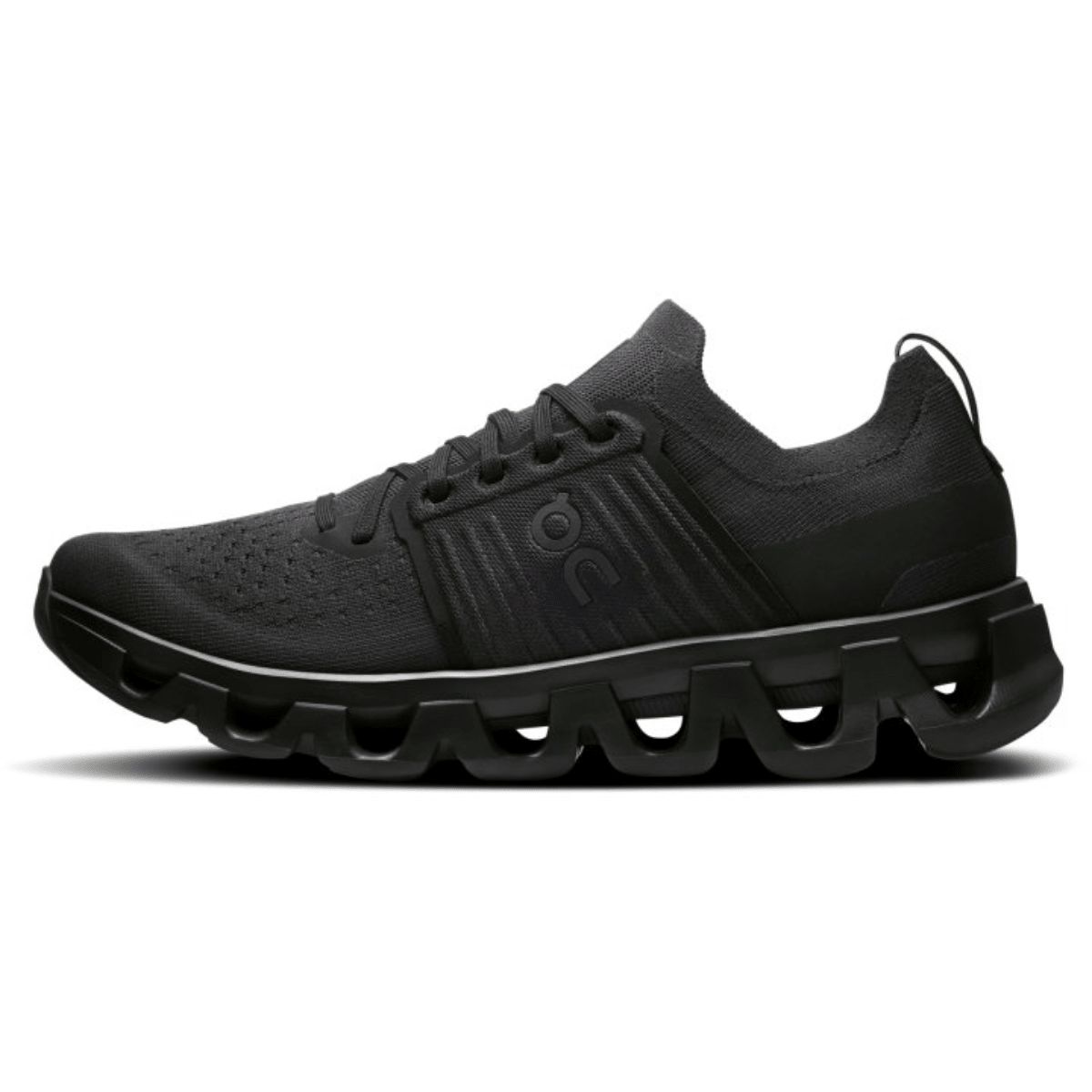 Black running shoe on a white background