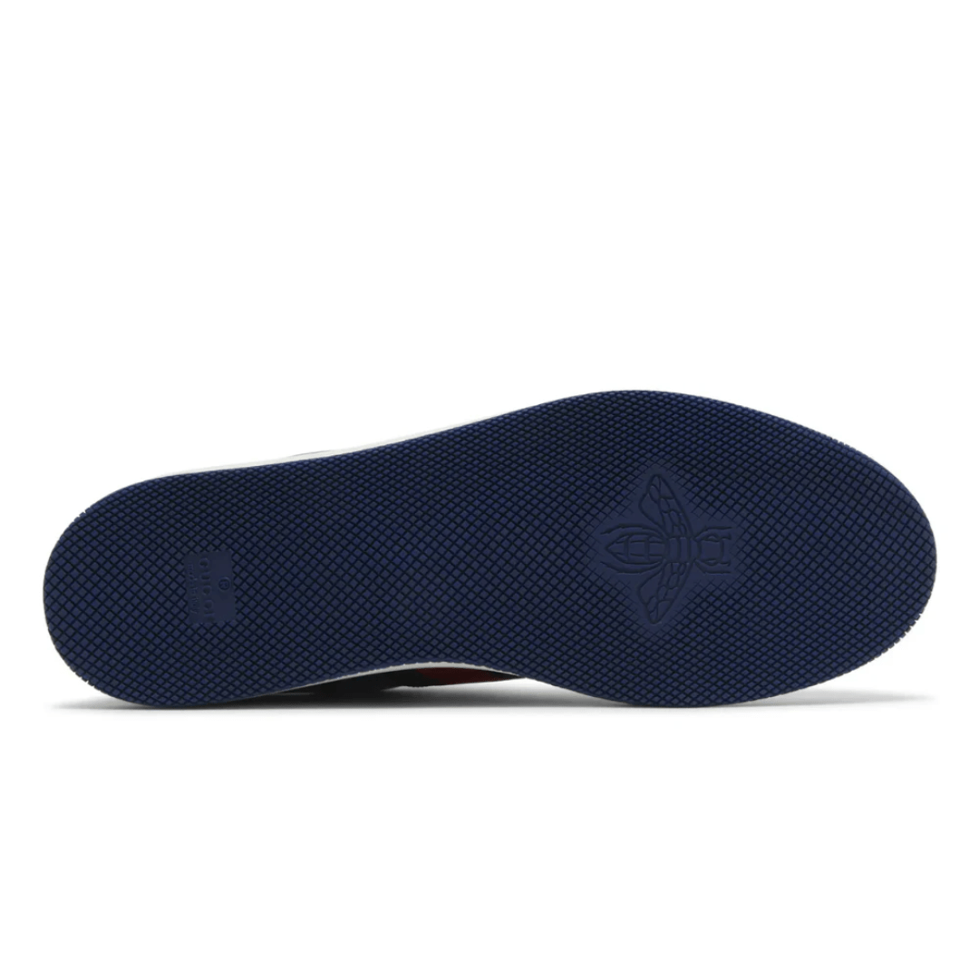 Close-up of Gucci GG Screener Grey Navy sneaker detail Dubai