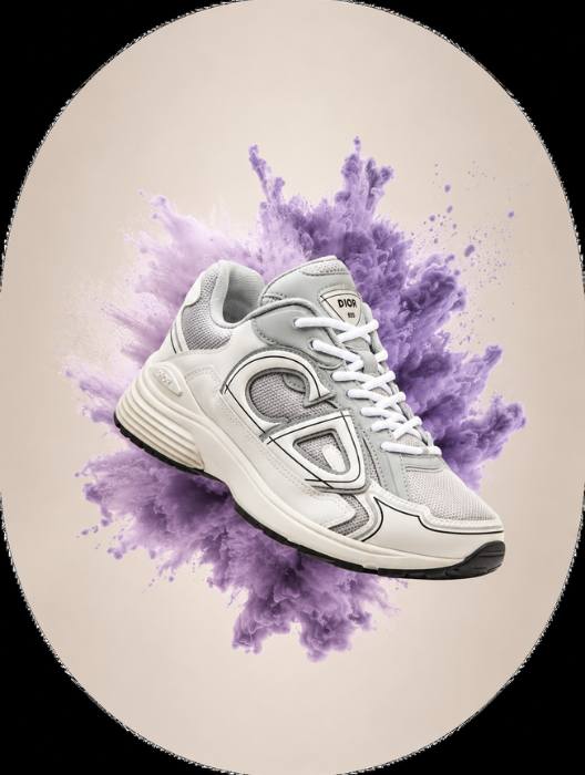Gray sneaker with a purple splash design on a beige background