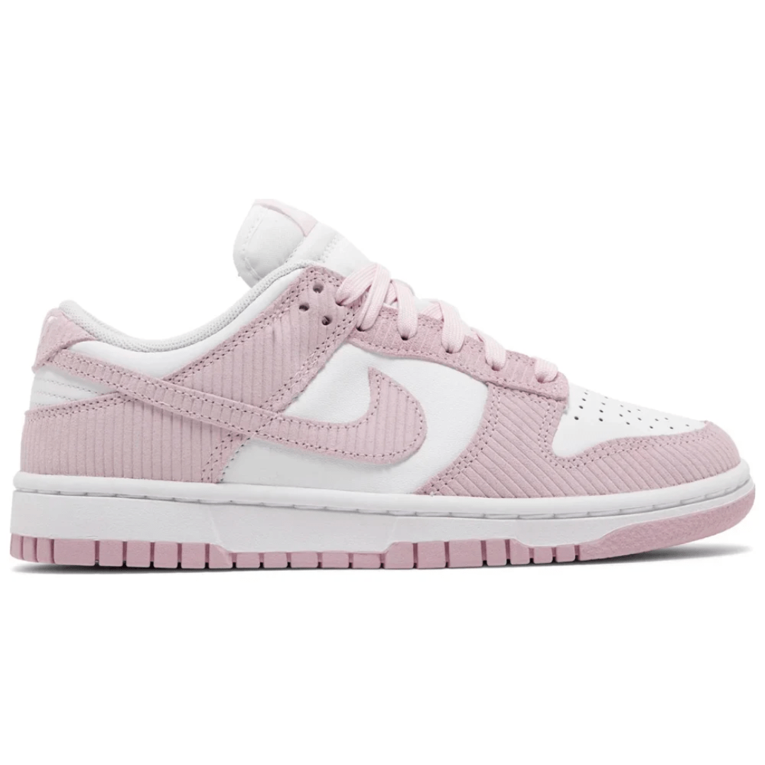 Side view of Nike Dunk Low Pink Corduroy sneaker in Dubai light