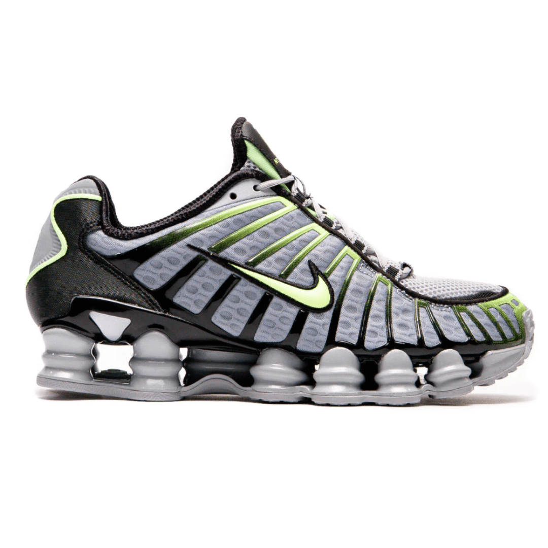 Nike Shox TL Wolf Grey Lime sneaker front angle in Dubai, UAE