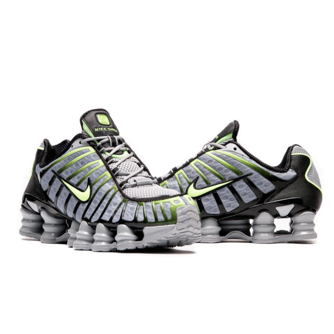 Men wearing Nike Shox TL Wolf Grey Lime in Dubai streetwear