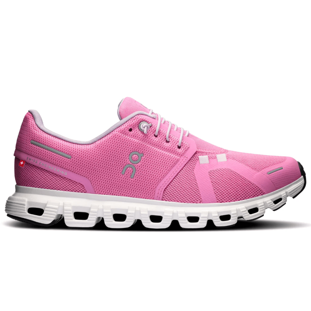 On Cloud 6 ‘Raspberry White’ lightweight running shoes side view in Dubai UAE