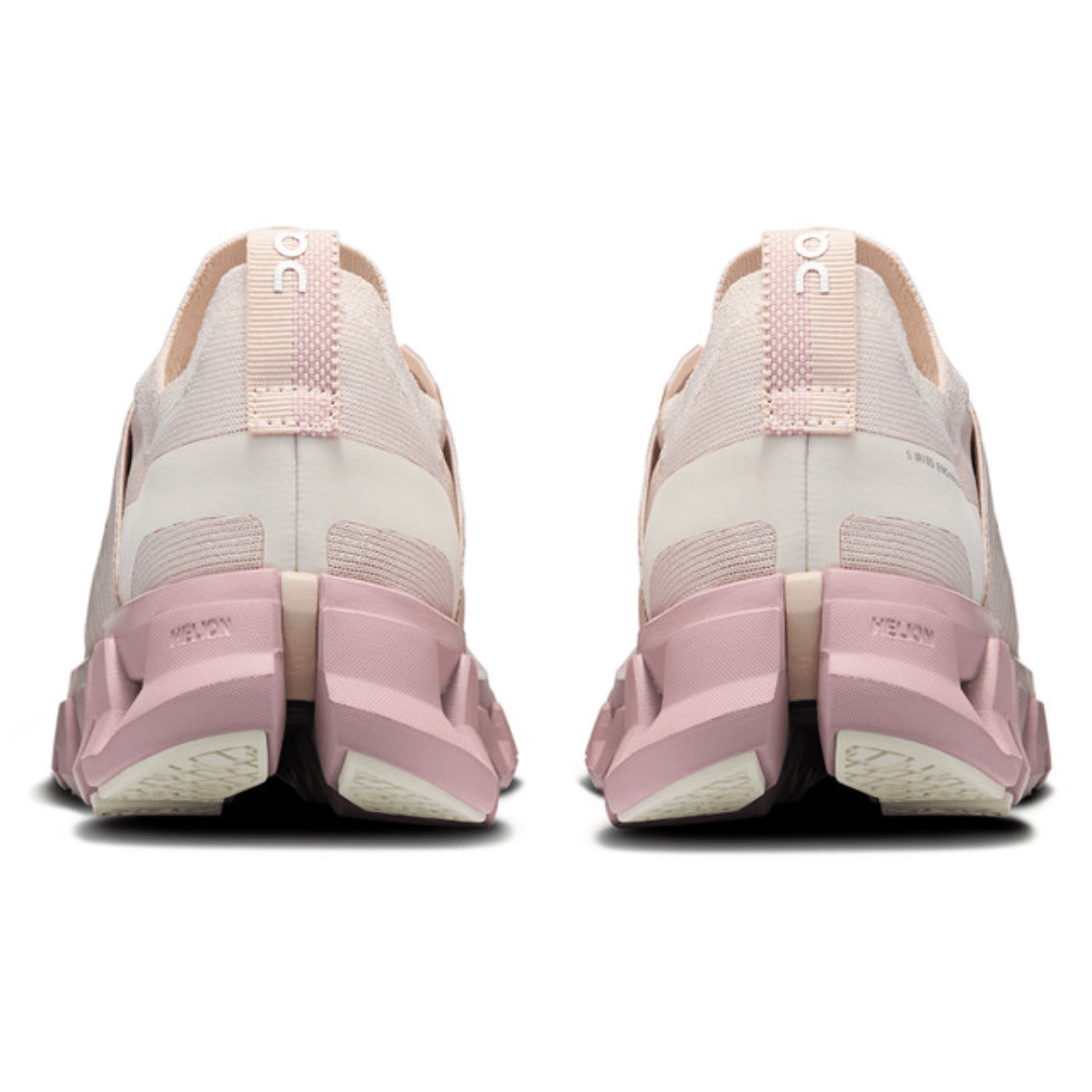 Pink and white running shoes shown from the back on a white background