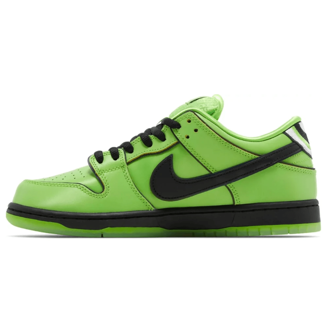 Rear heel detail featuring Buttercup eyes on Nike SB Dunk Low.