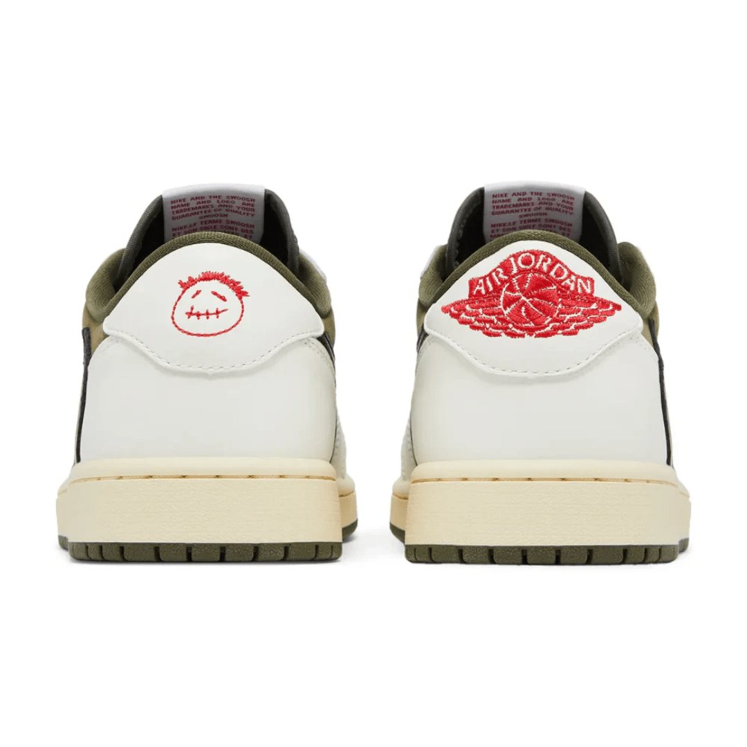 Premium suede and leather texture on Nike Air Jordan 1 Reverse Olive.